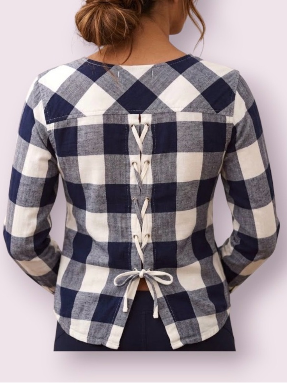 Anthropologie Cloth & Stone Buffalo Plaid Soft Top Lace Up Back Blue & White S